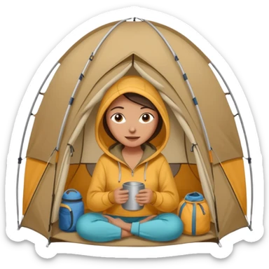 A woman in a cozy hoodie arranging items inside her tent. sticker