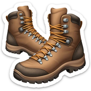 Cinematic Realistic Hiking Boots, well-worn leather boots resting on a rocky trail, scuffed edges and dirt-speckled laces adding character, glowing softly under the dappled sunlight filtering through the trees. sticker