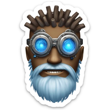 Brown cyborg head with blue Mohawk, blue beard, silver steampunk monocle goggles a smile and circuits sticker