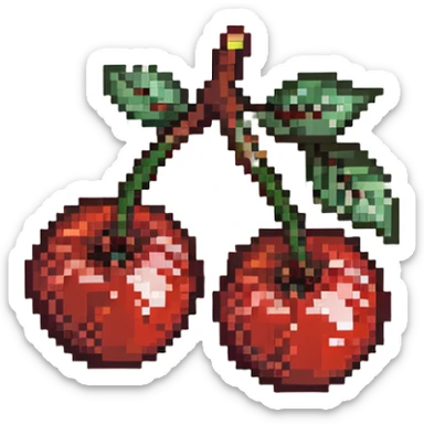 Pixel art of two red cherries on a brown branch with green leaves sticker