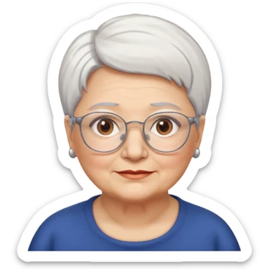 Create me emoji of an old mid-fat lady. Short white hair to left side. Square glasses. Brown eyes. Without any earings. Long head sticker