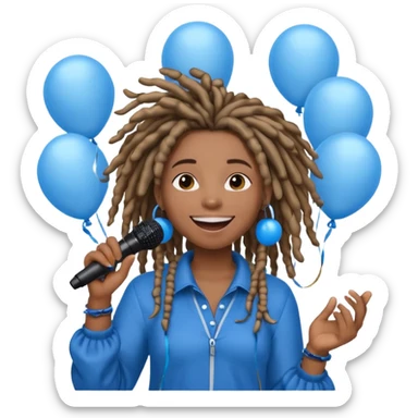 Black girl Stud with dreadlocks singing 1,2,3 release em with white and blue balloons flying overhead emoji like with mic in hand  sticker