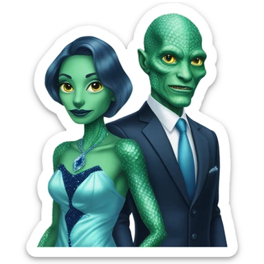 reptilian alien green skin woman, in long slim pastel blue formal party satin dress with gradient shiny sparkling navy blue diamonds embroidered , and caucasian man in black dres sticker