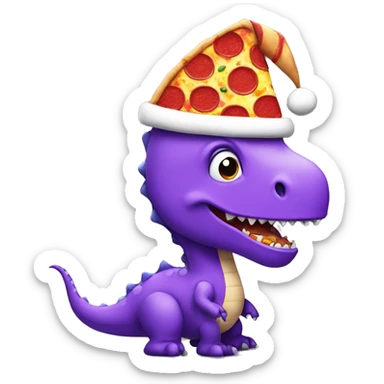 Purple dino wearing a santa hat with a pizza sticker