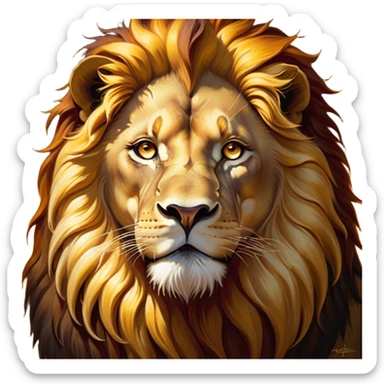 Cinematic Lion, Ultra-realistic 32k HD, Majestic and awe-inspiring piece of art, rim lighting, powerful and captivating art, golden hues and fiery amber accents, Balanced features with piercing eyes and a regal mane, highly detailed digital artwork, glowing with a radiant golden light, high shine, embodying strength and nobility, a painting of raw power and elegance, untamed and fearless, blending realism with fantasy, dreamlike glow, optical illusion, immaculate composition, grand pose exuding confidence and dominance, the lion’s presence so commanding that it feels as though it could roar to life at any moment. sticker