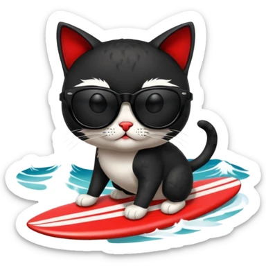 a bad kitty on the waves. make the cat look devlishish with a pair of black ray bans wayfers on. surfing. I want the ray bans black so you cant see the cats eyes sticker