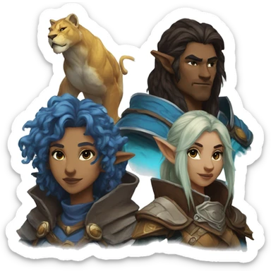 A dungeons and dragons team consisting of a human rogue,a blue Druid firbolg, a lion paladin and a female elf wizard sticker
