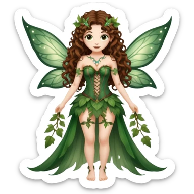 full body woman long curly brown hair brown eyes white skin tattoos dressed as glowing forest fairy with translucent wings and vine corset sticker