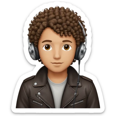 curly haired boy wearing a leather jacket and headphones music producer sticker
