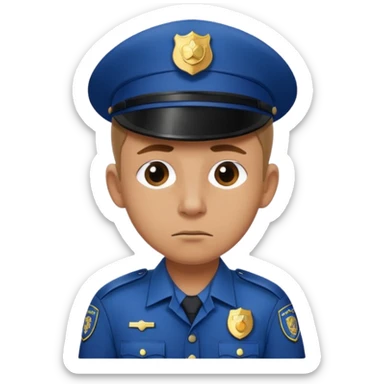 A sad police officer with one ear sticker