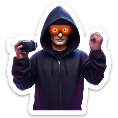 Vladimir Putin wearing a black hoodie with "OMG" letters on it and VR headset oculus quest 2 in a cyberpunk VR environment with violet neon lighting. sticker