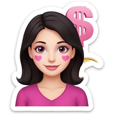 fair-skinned woman with dark hair, dollar sign ($) eyes, smiling, pink brush sticker