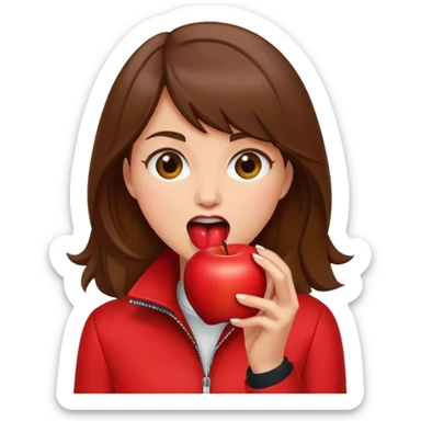 Brown haired woman in red jacket biting into a red apple sticker