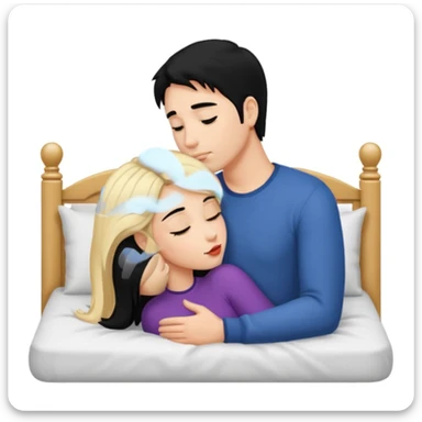 Naked man, black hair, kissing naked Woman, blonde hair, bed,  sticker