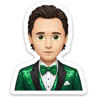 Tom Hiddleston with dark brown hair, dark green sequin suit with bow tie sticker