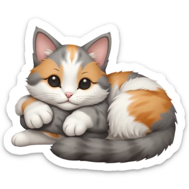 grey and white small cat with eyes closed lying down upside down with its head resting on its paw sticker