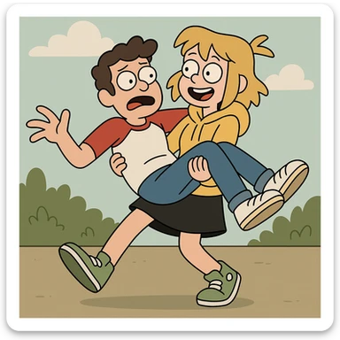 A man Raglan sleeves with Red t-shirts blue jeans white shoes carried by a cute a girl yellow hoodie black skirt green shoe  sticker