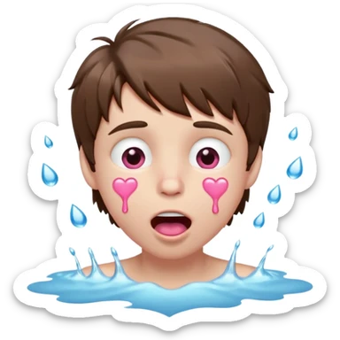 Pale Boy with shaggy brown hair, pink heart shaped eyes looking up , mouth open , water drop dripping from lips, hands on face  sticker