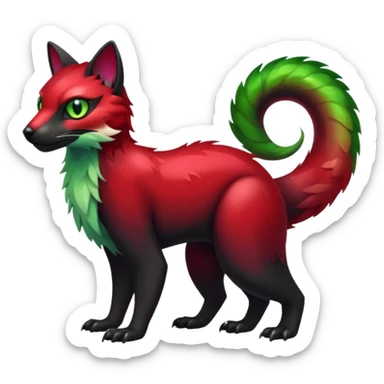 Colorful dark tropical sanguine-red, black, white fur, with green eyes, iridescent glorious divine exotic cute cool beautiful shiny beautiful fantasy-caracal-civet-genet-sergal-vernid-Cacomistle-oncilla-animal-Fakémon-hybrid-fursona with pattern markings (full body) sticker
