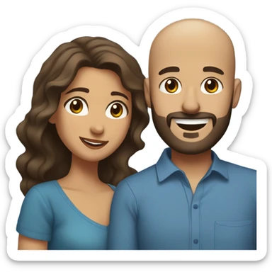 Brown-haired Puerto Rican woman with dark brown eyes wearing a cute blue blouse giving comforting hug to short, bald man with brown eyes, laugh lines, and a beard sticker