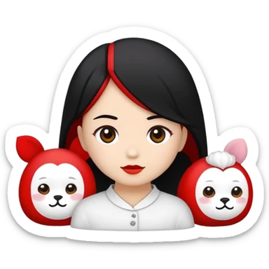 Buatkan seorang gadis berkulit putih, rambut hitam pendek, bibir pink yang manis, mata yang indah, dengan gaun pink berpita, sambil memegang boneka kelinci manis sticker