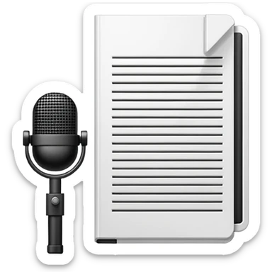 iconography design suitable for emoji reaction; pixel art: white document with a folded top-right corner and horizontal lines, outlined in a brick pattern. At the top center of the document is an icon indicating ai. In front of the document a microphone icon sticker