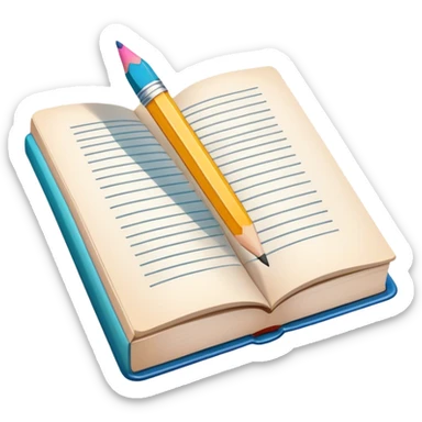 Illustration icon, pencil and paintbrush under illustrated page of book, colorful sketch, simple lines, minimalistic style, transparent background. sticker