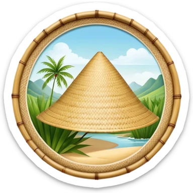 ​Cinematic Realistic Traditional Vietnamese Nón Lá, depicted as a delicately crafted conical hat made of bamboo and palm leaves with subtle texture and natural wear, set against a serene rural backdrop bathed in warm, soft sunlight, evoking authentic cultural heritage, sticker