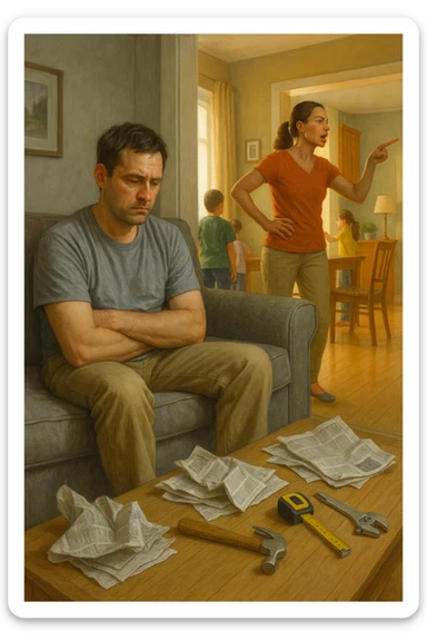 Uomo tra i 35 e i 45 anni, seduto in disparte sul divano con sguardo spento e postura chiusa, mentre la moglie, in piedi, gesticola con decisione e dirige la scena familiare (dando ordini ai figli o organizzando la casa). Intorno, simboli visivi della perdita di ruolo maschile: giornali accartocciati, strumenti da lavoro inutilizzati, l’uomo con vestiti trasandati o troppo neutri. La donna appare energica, determinata, mentre lui è passivo e disconnesso. Atmosfera domestica fredda o neutra. Colori sbiaditi attorno all’uomo, più vividi attorno alla donna. Stile realistico con tono simbolico. sticker
