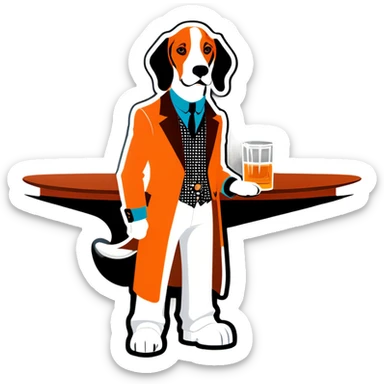 Hound dog in tangerine and white clothes at a whiskey bar sticker
