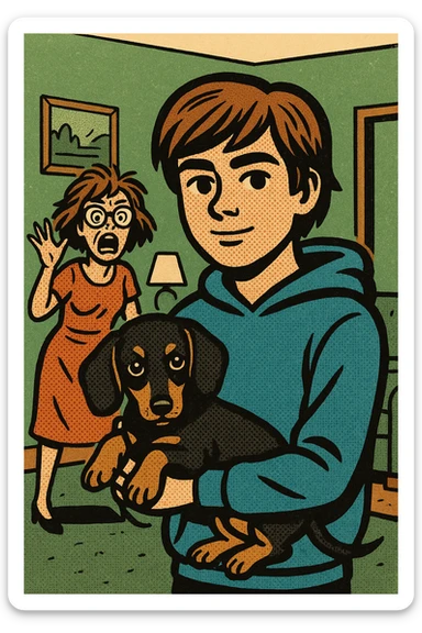 A modern day teenager with brown hair wearing a blue hoodie with a black and tan puppy dachshund in a green living room with a crazy mum with brown hair wearing big glasses in the background sticker