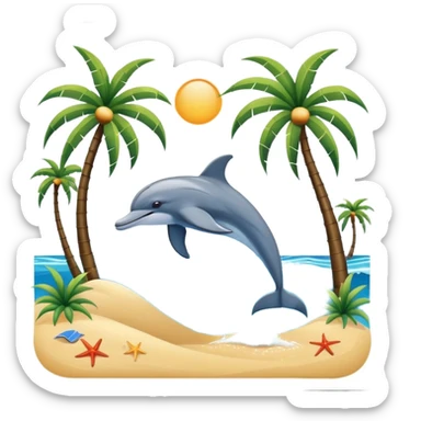 A beach scene with palm trees and a dolphin jumping out of the water sticker