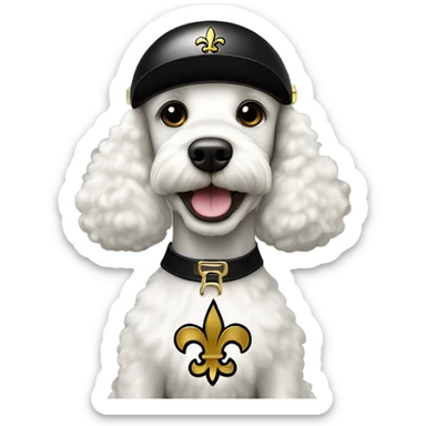White poodle wearing a black football helmet with gold stripe and gold fleur de lis emblem sticker