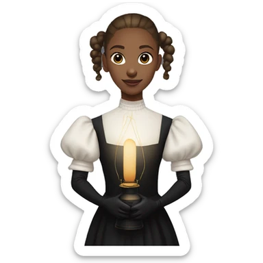 a girl in a black dress with lantern sleeves painted with letters, with light brown hair pulled back into a ponytail, with shaved temples, in identical black gloves sticker