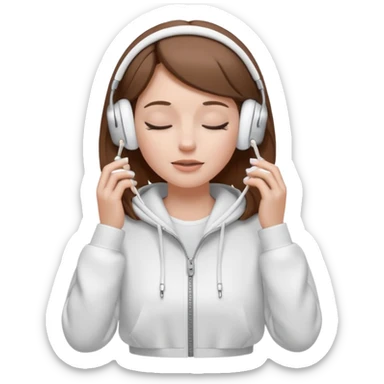 A clean, minimal emoji-style illustration of a white girl with brown hair worn loose. Her eyes are closed while listening to music with silver AirPods Max. She’s wearing a white zip-up hoodie. Smooth 3D emoji style, soft lighting, neutral tones. sticker