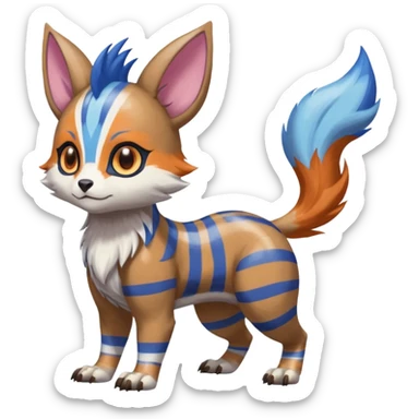 Brown and white-striped Colorful Skilled Adept Graceful Asian Painted WereGarurumon-Meloetta-Ursaring-Furret-fusion-hybrid-creature (full body) with blue rings around eyes, tufted orange ears sticker