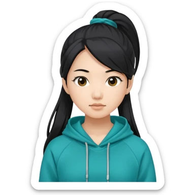 generate an asian female with long black hair in a ponytail and a teal hoodie sticker