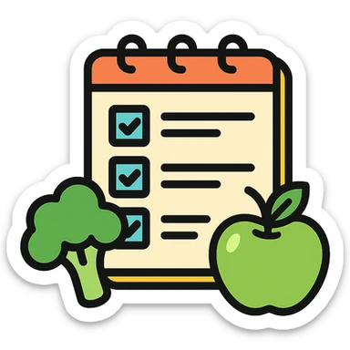 Vector-style illustration of a healthy diet checklist: an open notepad with checkmarks, placed beside fresh broccoli and a green apple. Clean, crisp lines, modern flat design with realistic soft shadows and highlights. High contrast, vibrant colors, minimalistic background. Professional, polished style, ideal for health or nutrition app or article illustration. sticker