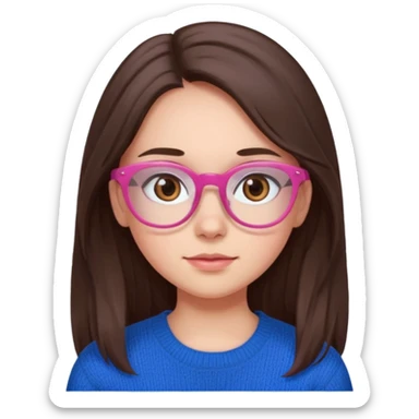 brunette girl whit blue sweater, long hair, brown eyes, pink eyeglasses  sticker