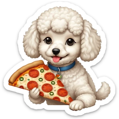 A white poodle eating pizza sticker