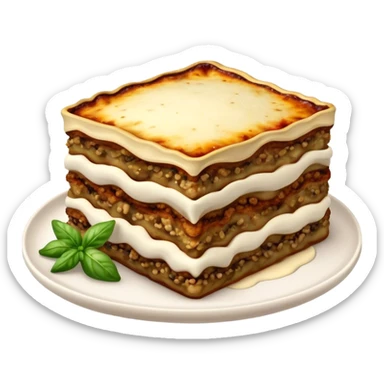 Moussaka Cinematic Realistic Moussaka Dish Emoji, depicted as a rustic serving of moussaka with layers of soft eggplant, ground meat, and a creamy topping featuring a delightfully crispy corner, rendered with rich textures and warm, inviting lighting. sticker