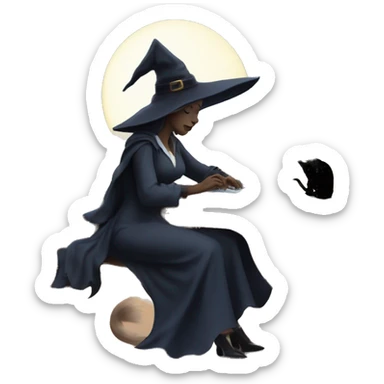 witch who works an office job with a computer and a coffee and a book of spells sitting outside under a full moon with a cat sticker