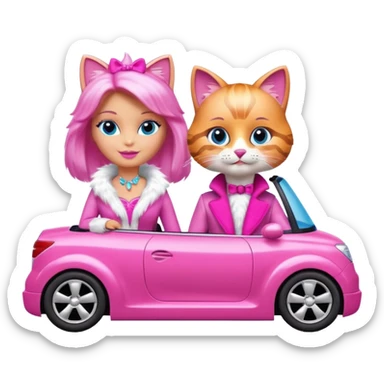 Barbie cat and Ken cat, with distinct cat faces and fur, wearing costumes, in a pink convertible sticker