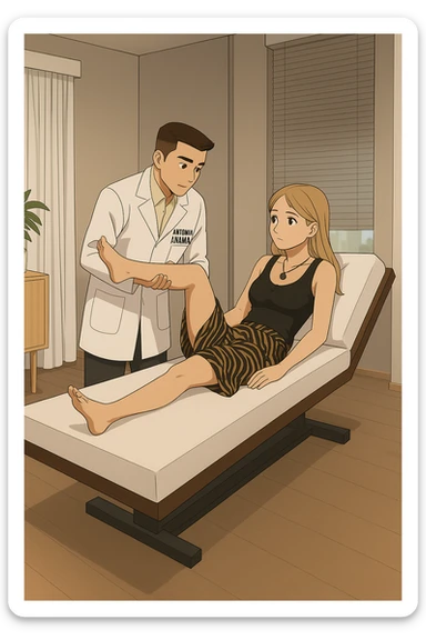 fai un webtoon/manga a colori con questo kinesiologo in camice bianco (fagli la scritta "ANTONIO ANANIA" SUL CAMICE) CHE SVOLGE UN TEST NEUROMUSCOLARE SOLLEVANDO UNA GAMBA ALLA RAGAZZA CHE è STESA SU UN LETTINO BIANCO. STANZA SEMPLICE E MODERNA, DURANTE IL TEST I DUE DIALOGANO TRA LORO. NON FARE I FUMETTI, FAI SOLO LORO COME SE DIALOGASSERO sticker