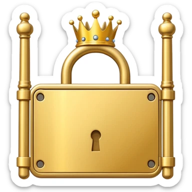 Golden padlock with a crown icon blocking a gate, flat UI illustration premium style. sticker