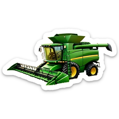 John Deere S780 (2021) – Cinematic-realistic John Deere S780 combine harvester, its bold green frame towering over golden wheat fields. The powerful header swallows crops effortlessly as grain fills the tank, while the setting sun casts a warm glow over the vast farmland. sticker