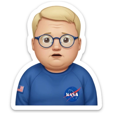 crying chubby man, with blond short receding hairline, wears a dark blue nasa sweatshirt, nasa logo on the breast, round glasses, 40 years old sticker
