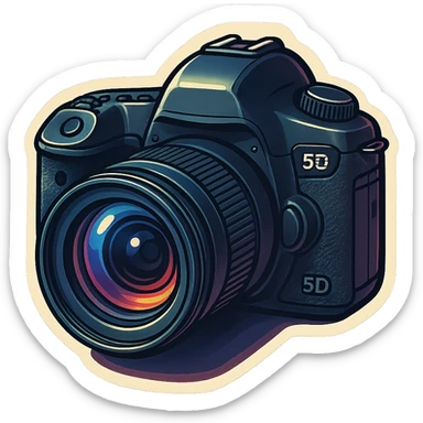 retro sticker style illustration of a classic DSLR camera inspired by Canon 5D Mark III, bold outlines, glossy highlights, dramatic shadows, emphasize lens and body details, fun sticker-like style sticker