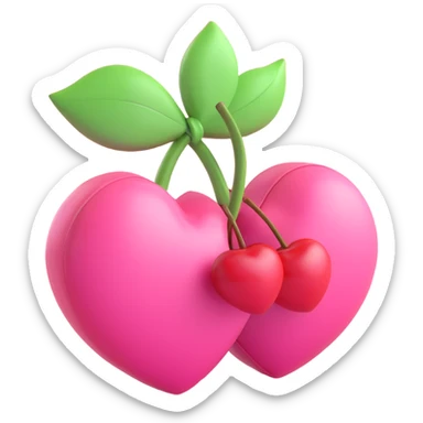 cute pink heart cherries with a pink bow, shiny and soft look, on a white background sticker