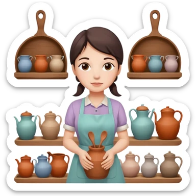 cartoon Apple iOS emoji style woman, pastel colors, Chilean wooden kitchen background, clay pots, warm light, detailed and clean vector art sticker